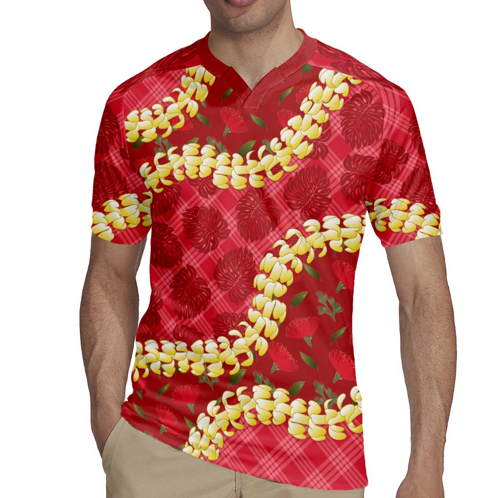 Red Palaka Hawaii Mele Kalikimaka Rugby Jersey Ohia Lehua Monstera Puakenikeni Lei - Polynesian Pride