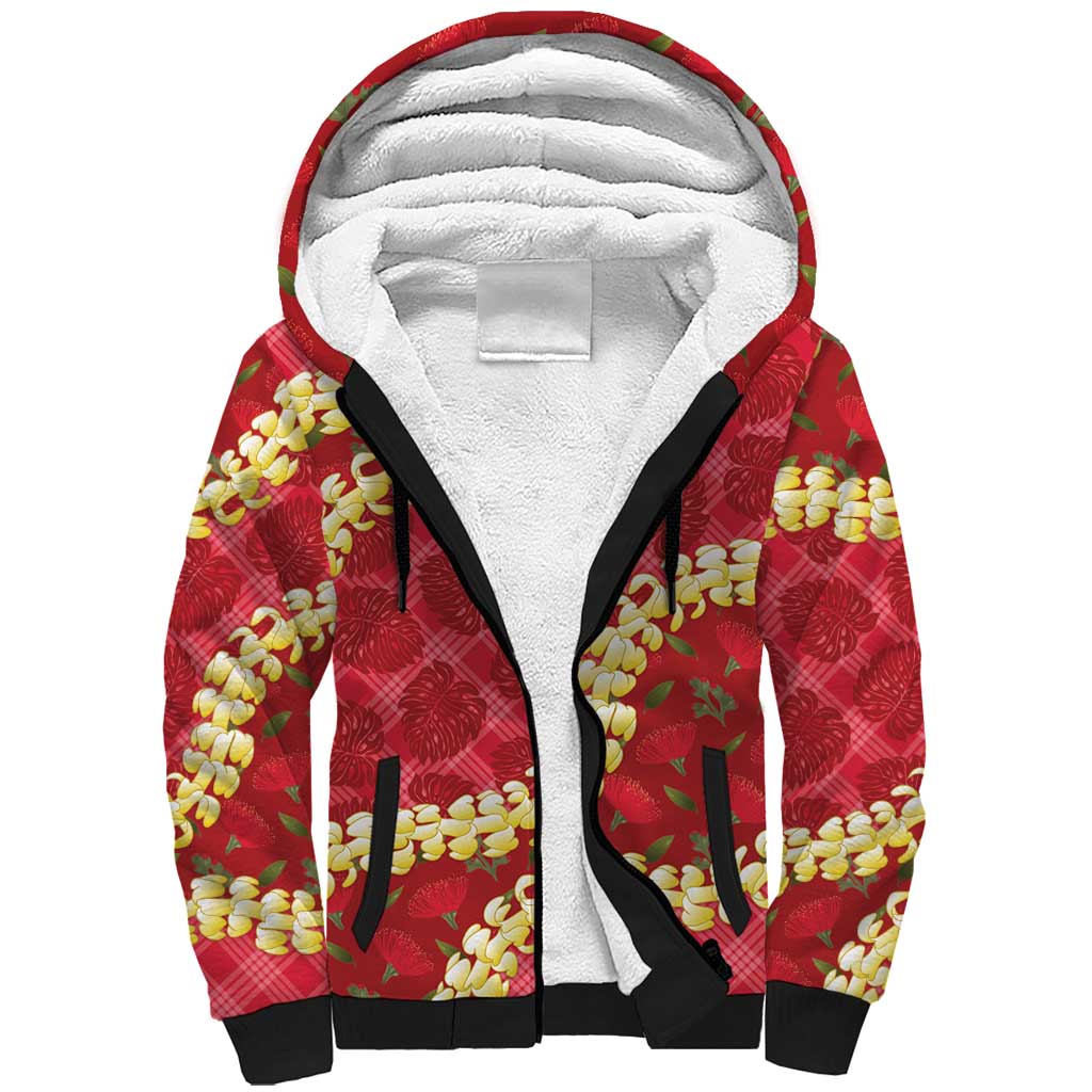 Red Palaka Hawaii Mele Kalikimaka Sherpa Hoodie Ohia Lehua Monstera Puakenikeni Lei - Polynesian Pride