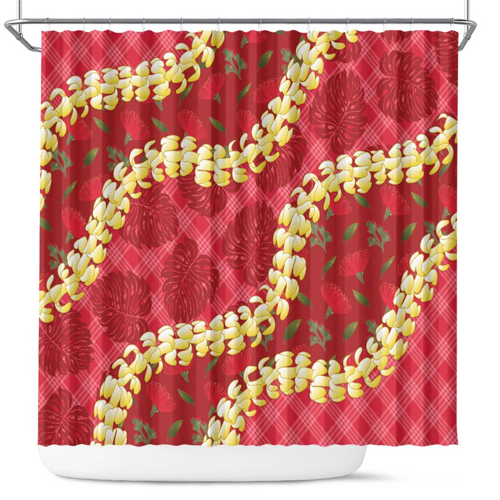 Red Palaka Hawaii Mele Kalikimaka Shower Curtain Ohia Lehua Monstera Puakenikeni Lei - Polynesian Pride