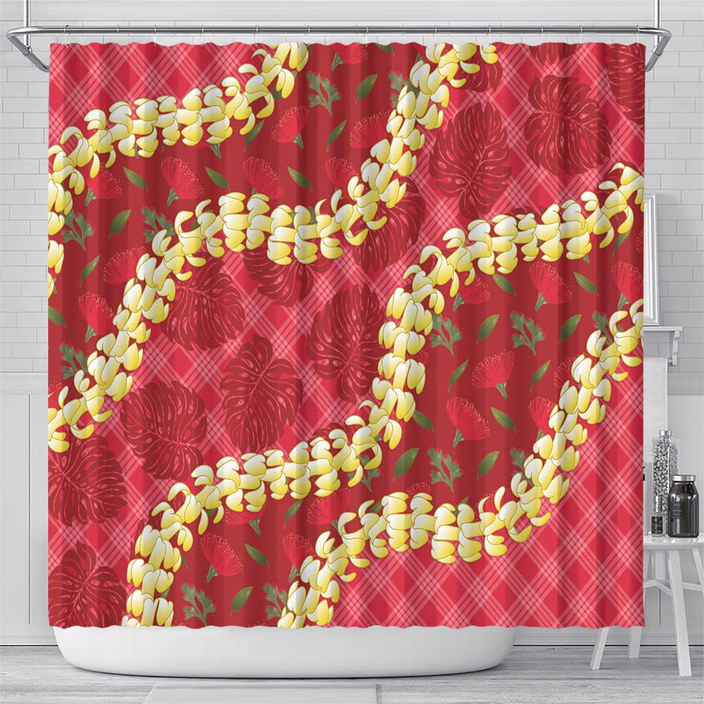 Red Palaka Hawaii Mele Kalikimaka Shower Curtain Ohia Lehua Monstera Puakenikeni Lei - Polynesian Pride