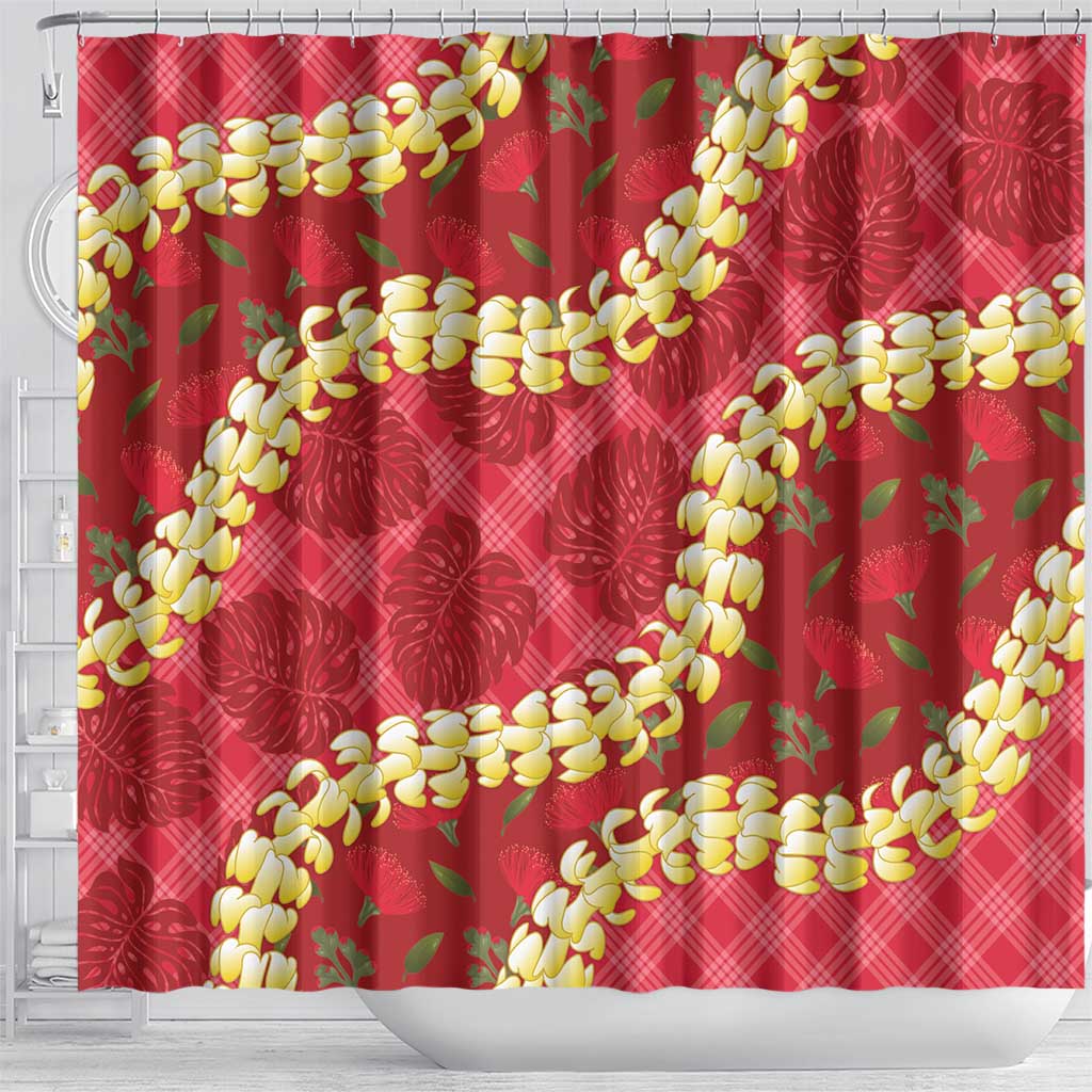 Red Palaka Hawaii Mele Kalikimaka Shower Curtain Ohia Lehua Monstera Puakenikeni Lei - Polynesian Pride