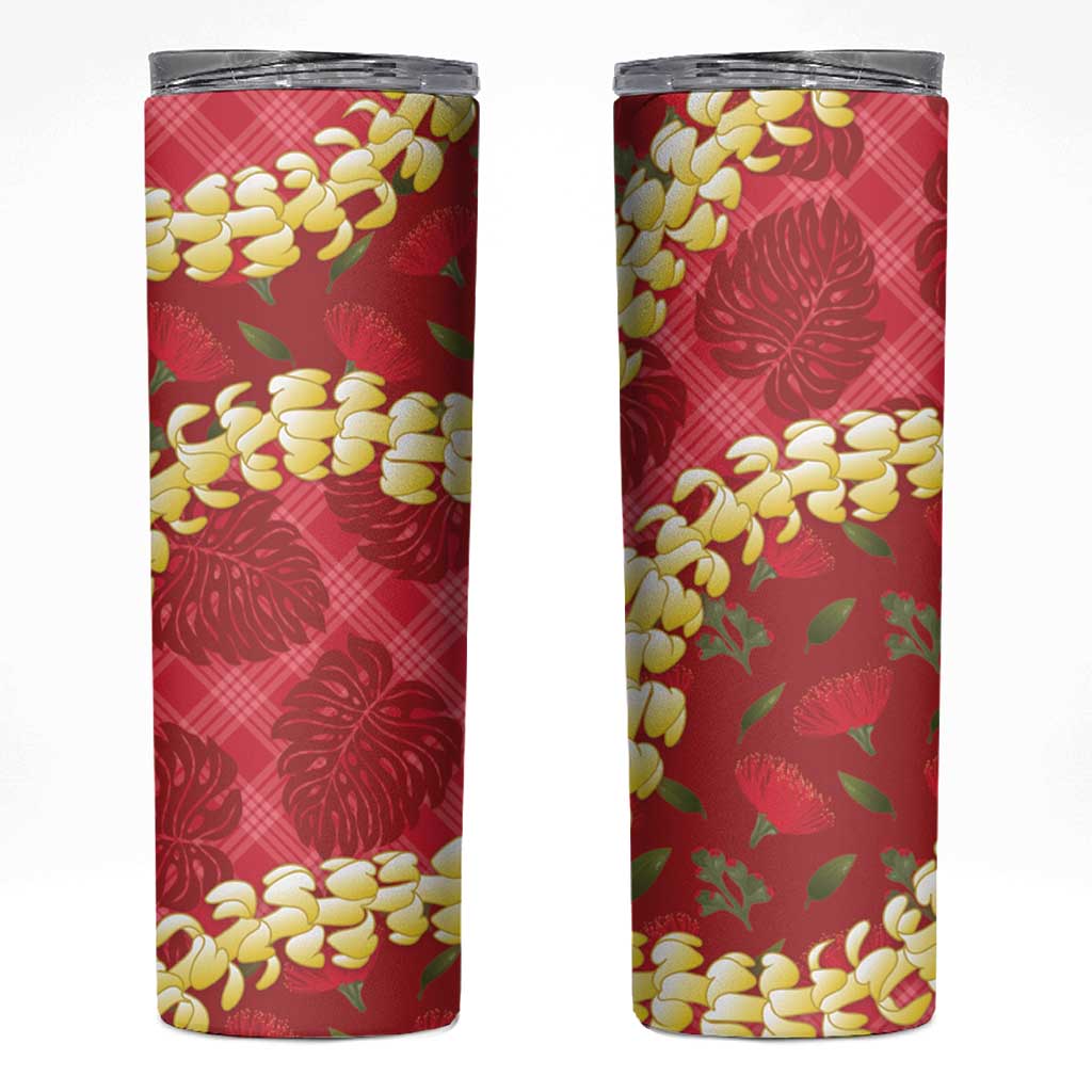 Red Palaka Hawaii Mele Kalikimaka Skinny Tumbler Ohia Lehua Monstera Puakenikeni Lei - Polynesian Pride