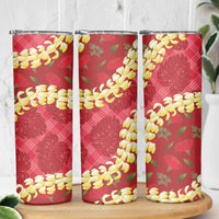 Red Palaka Hawaii Mele Kalikimaka Skinny Tumbler Ohia Lehua Monstera Puakenikeni Lei - Polynesian Pride