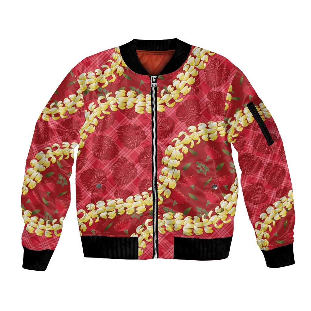 Red Palaka Hawaii Mele Kalikimaka Sleeve Zip Bomber Jacket Ohia Lehua Monstera Puakenikeni Lei - Polynesian Pride