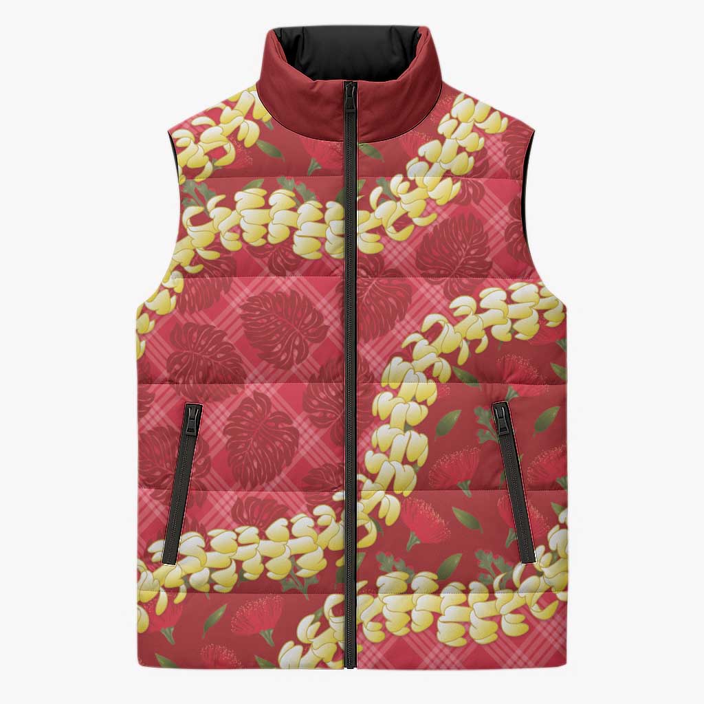 Red Palaka Hawaii Mele Kalikimaka Sleeveless Puffer Jacket Ohia Lehua Monstera Puakenikeni Lei LT14 Unisex Red - Polynesian Pride