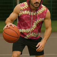 Red Palaka Hawaii Mele Kalikimaka Sleeveless Zip Hoodie Ohia Lehua Monstera Puakenikeni Lei - Polynesian Pride