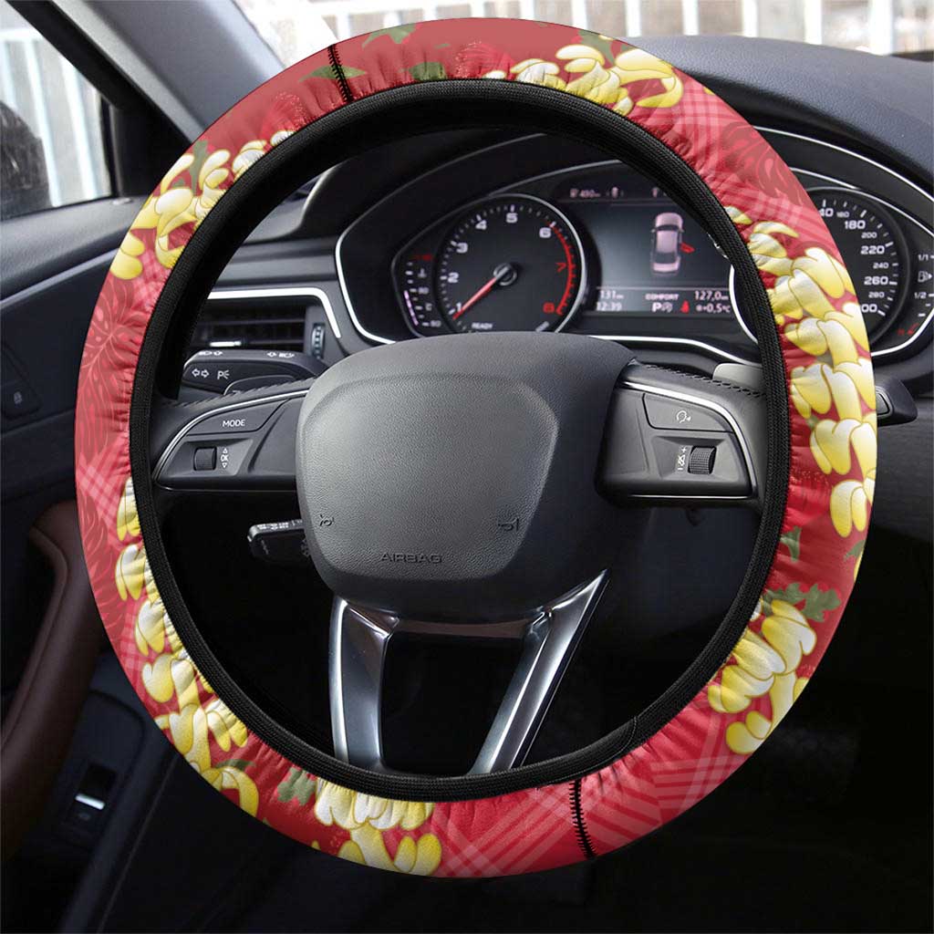 Red Palaka Hawaii Mele Kalikimaka Steering Wheel Cover Ohia Lehua Monstera Puakenikeni Lei - Polynesian Pride