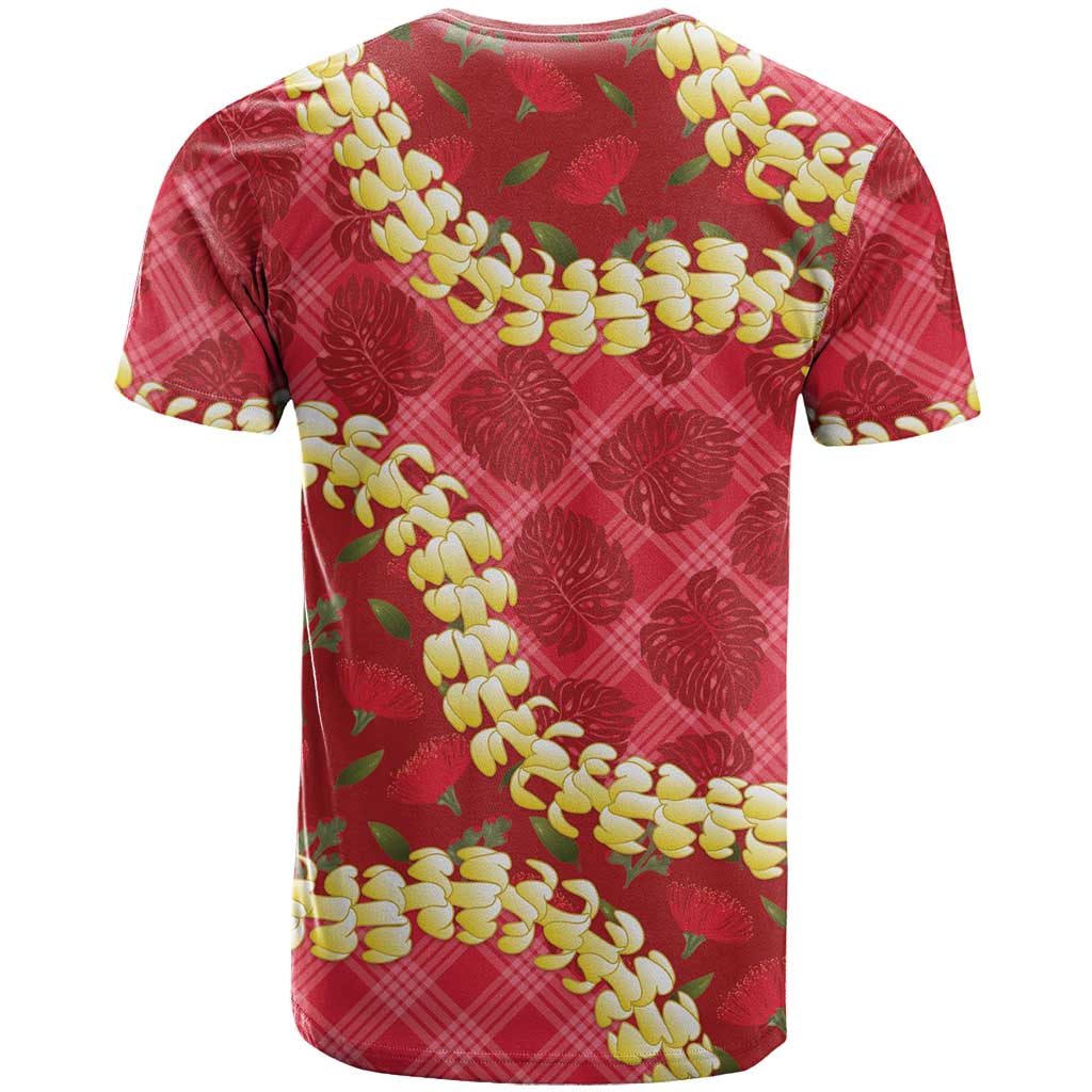 Red Palaka Hawaii Mele Kalikimaka T Shirt Ohia Lehua Monstera Puakenikeni Lei - Polynesian Pride