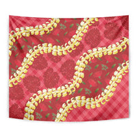 Red Palaka Hawaii Mele Kalikimaka Tapestry Ohia Lehua Monstera Puakenikeni Lei - Polynesian Pride