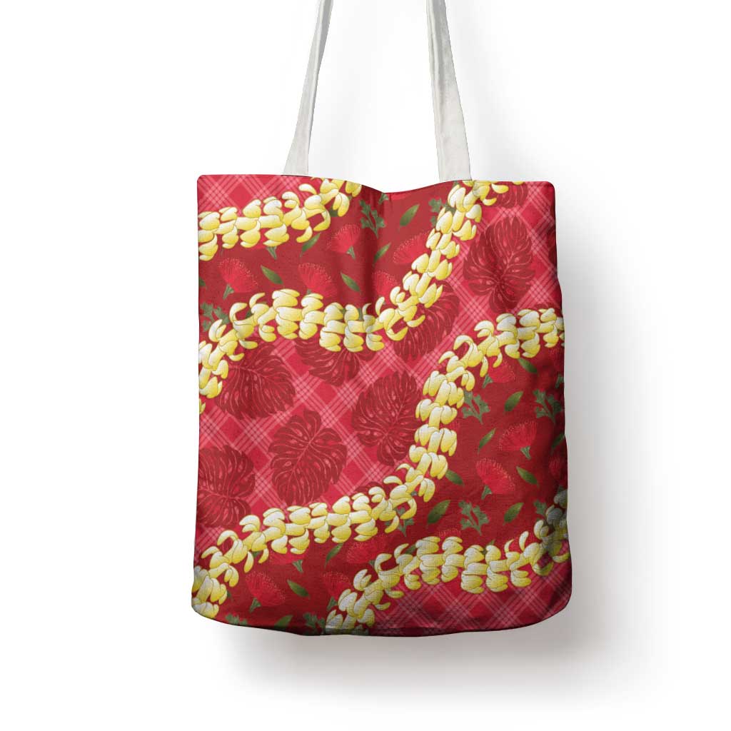 Red Palaka Hawaii Mele Kalikimaka Tote Bag Ohia Lehua Monstera Puakenikeni Lei - Polynesian Pride