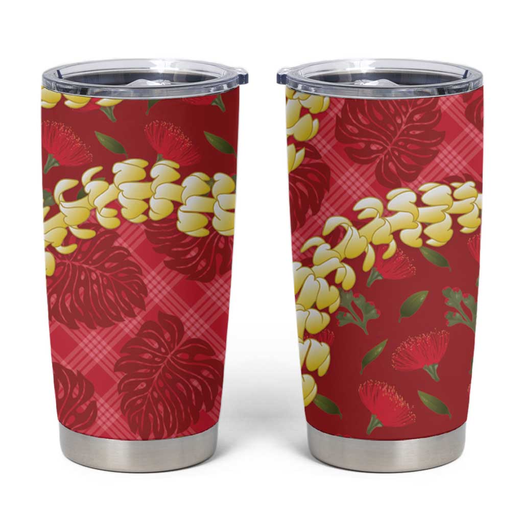 Red Palaka Hawaii Mele Kalikimaka Tumbler Cup Ohia Lehua Monstera Puakenikeni Lei - Polynesian Pride