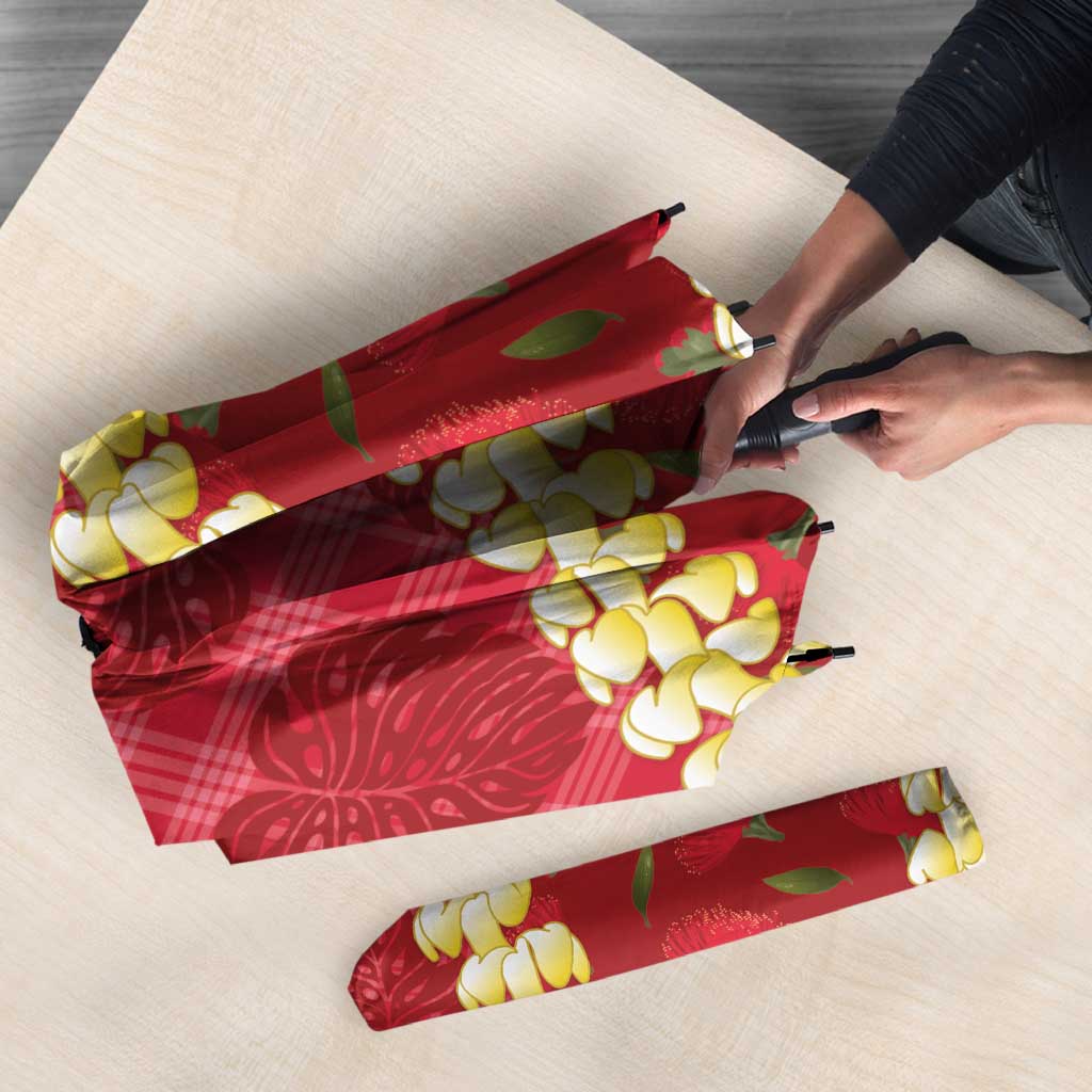 Red Palaka Hawaii Mele Kalikimaka Umbrella Ohia Lehua Monstera Puakenikeni Lei - Polynesian Pride