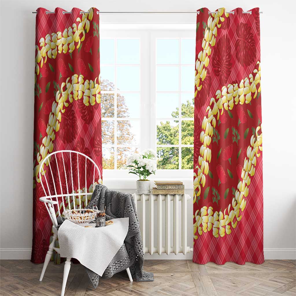 Red Palaka Hawaii Mele Kalikimaka Window Curtain Ohia Lehua Monstera Puakenikeni Lei - Polynesian Pride
