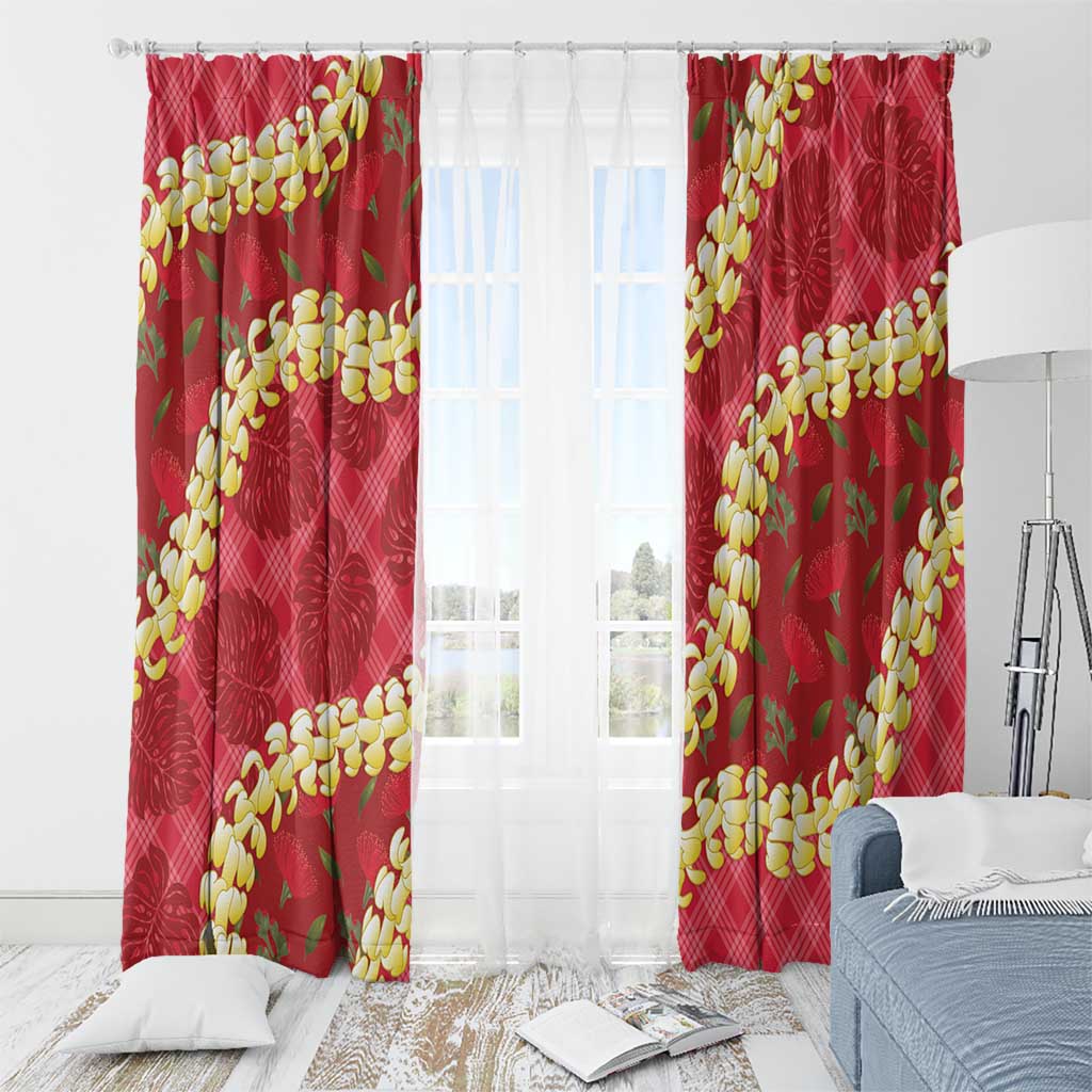 Red Palaka Hawaii Mele Kalikimaka Window Curtain Ohia Lehua Monstera Puakenikeni Lei - Polynesian Pride