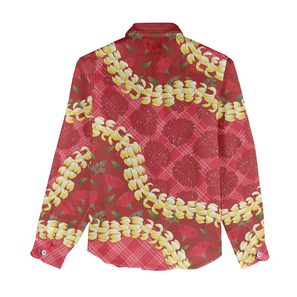 Red Palaka Hawaii Mele Kalikimaka Women Casual Shirt Ohia Lehua Monstera Puakenikeni Lei - Polynesian Pride