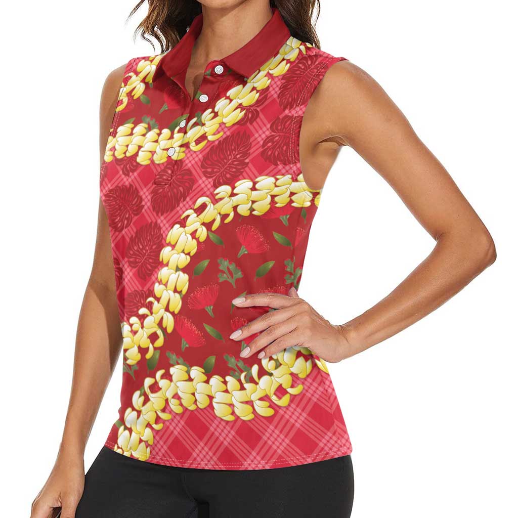 Red Palaka Hawaii Mele Kalikimaka Women Sleeveless Polo Shirt Ohia Lehua Monstera Puakenikeni Lei - Polynesian Pride