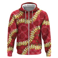 Red Palaka Hawaii Mele Kalikimaka Zip Hoodie Ohia Lehua Monstera Puakenikeni Lei - Polynesian Pride