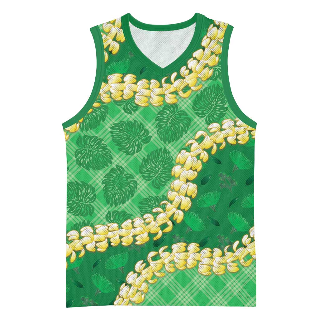 Green Palaka Hawaii Mele Kalikimaka Basketball Jersey Ohia Lehua Monstera Puakenikeni Lei - Polynesian Pride