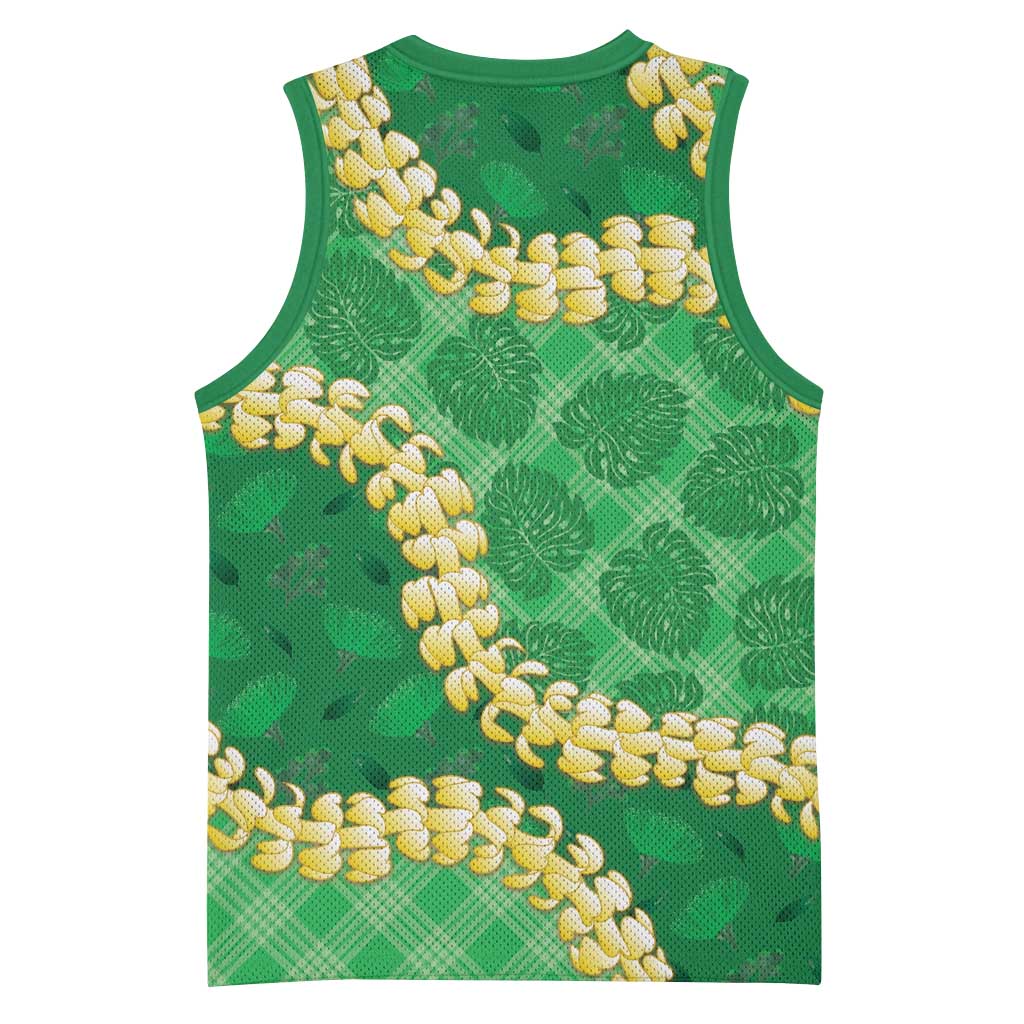Green Palaka Hawaii Mele Kalikimaka Basketball Jersey Ohia Lehua Monstera Puakenikeni Lei - Polynesian Pride
