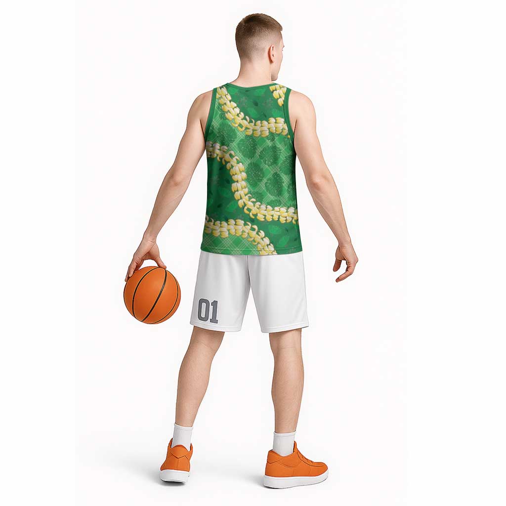 Green Palaka Hawaii Mele Kalikimaka Basketball Jersey Ohia Lehua Monstera Puakenikeni Lei - Polynesian Pride