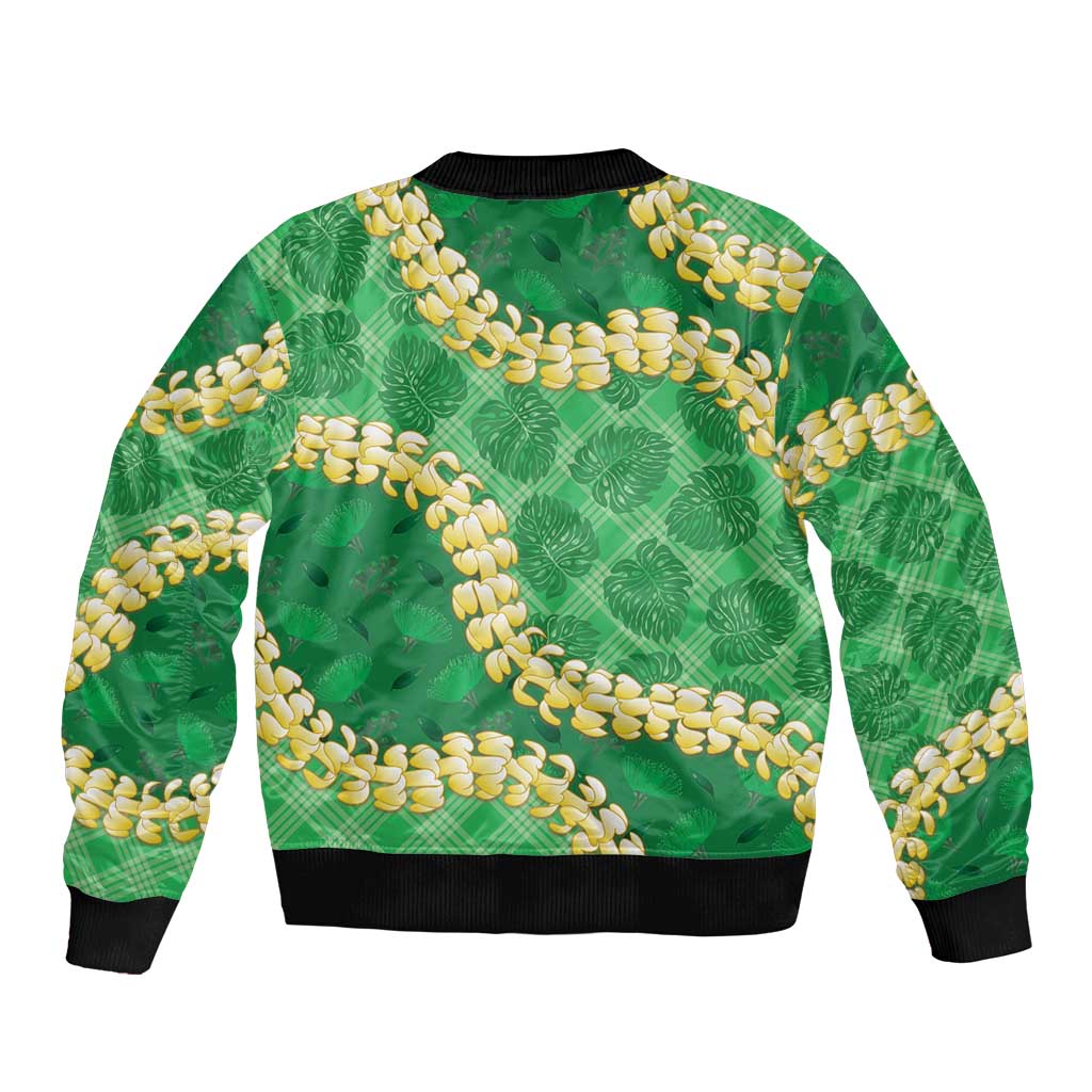 Green Palaka Hawaii Mele Kalikimaka Bomber Jacket Ohia Lehua Monstera Puakenikeni Lei - Polynesian Pride