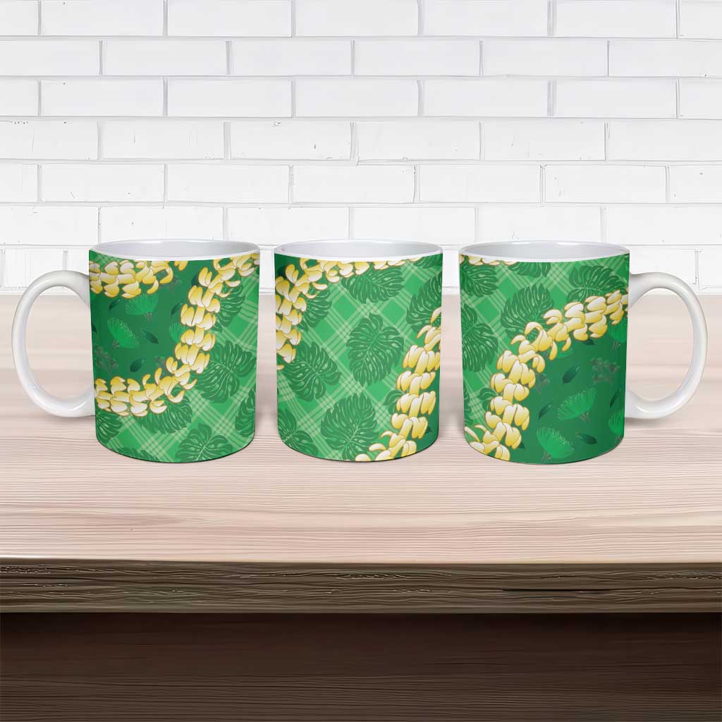Green Palaka Hawaii Mele Kalikimaka Ceramic Mug Ohia Lehua Monstera Puakenikeni Lei - Polynesian Pride