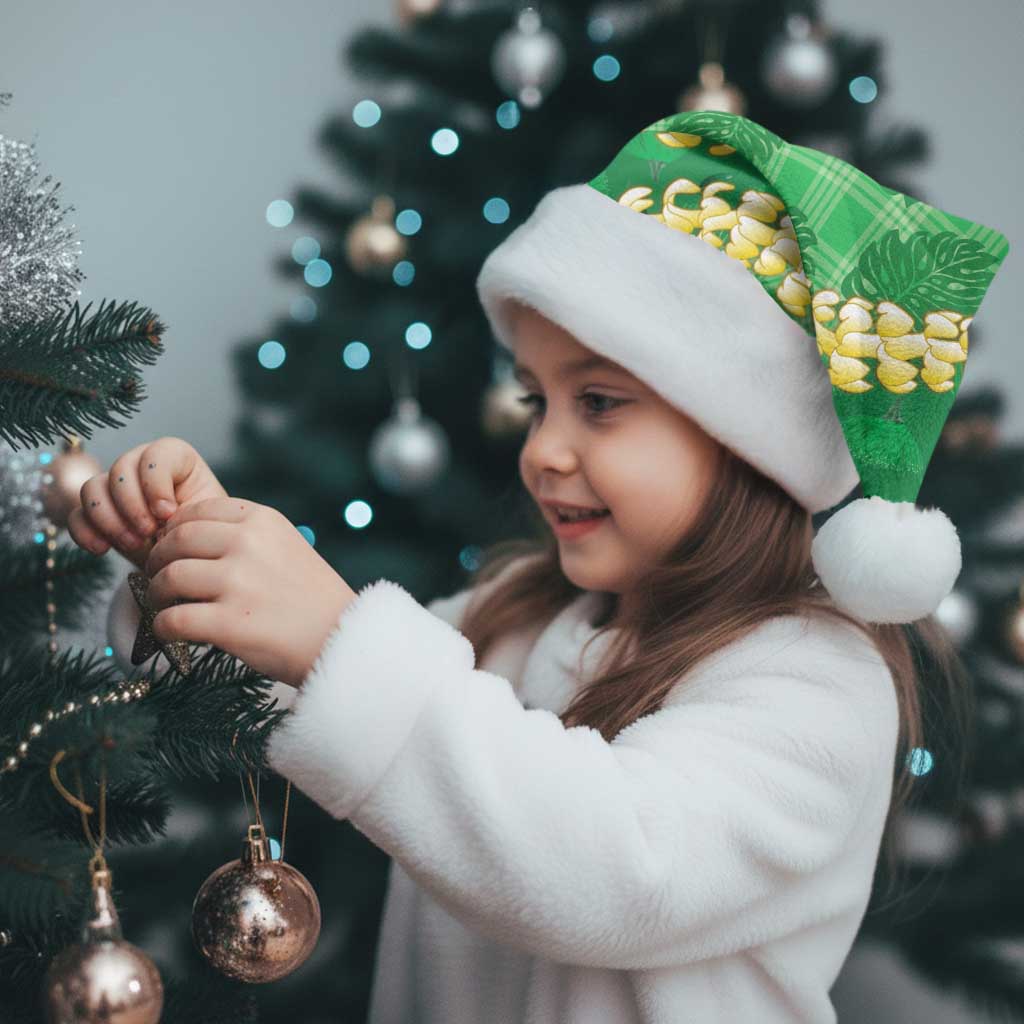 Green Palaka Hawaii Mele Kalikimaka Christmas Santa Hat Ohia Lehua Monstera Puakenikeni Lei - Polynesian Pride