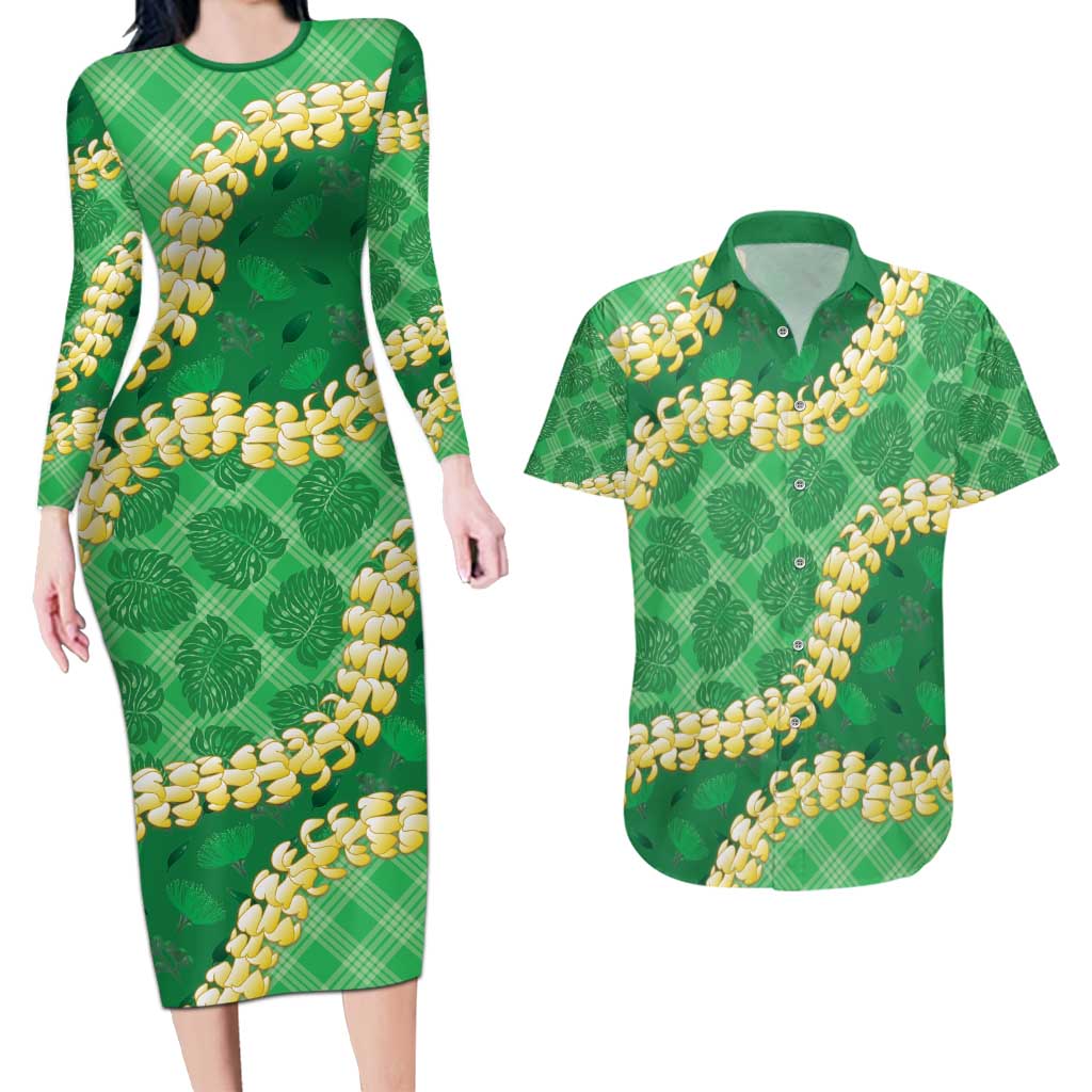 Green Palaka Hawaii Mele Kalikimaka Couples Matching Long Sleeve Bodycon Dress and Hawaiian Shirt Ohia Lehua Monstera Puakenikeni Lei - Polynesian Pride