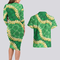 Green Palaka Hawaii Mele Kalikimaka Couples Matching Long Sleeve Bodycon Dress and Hawaiian Shirt Ohia Lehua Monstera Puakenikeni Lei - Polynesian Pride