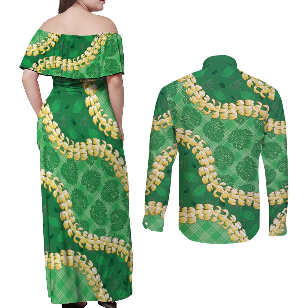 Green Palaka Hawaii Mele Kalikimaka Couples Matching Off Shoulder Maxi Dress and Long Sleeve Button Shirt Ohia Lehua Monstera Puakenikeni Lei - Polynesian Pride