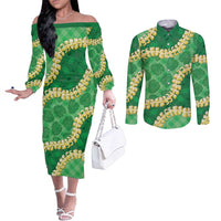 Green Palaka Hawaii Mele Kalikimaka Couples Matching Off The Shoulder Long Sleeve Dress and Long Sleeve Button Shirt Ohia Lehua Monstera Puakenikeni Lei - Polynesian Pride
