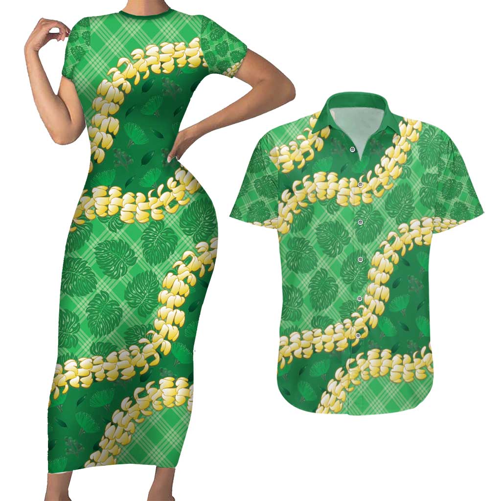 Green Palaka Hawaii Mele Kalikimaka Couples Matching Short Sleeve Bodycon Dress and Hawaiian Shirt Ohia Lehua Monstera Puakenikeni Lei - Polynesian Pride