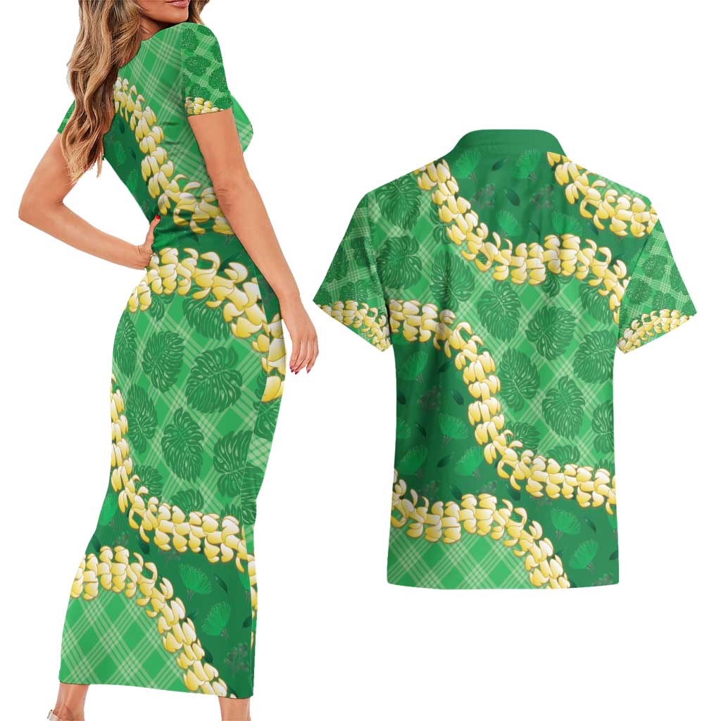 Green Palaka Hawaii Mele Kalikimaka Couples Matching Short Sleeve Bodycon Dress and Hawaiian Shirt Ohia Lehua Monstera Puakenikeni Lei - Polynesian Pride