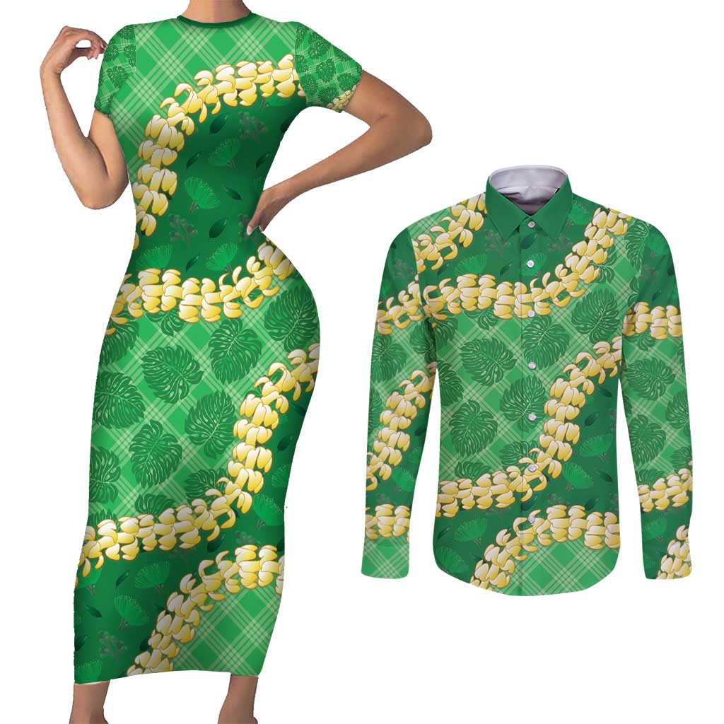 Green Palaka Hawaii Mele Kalikimaka Couples Matching Short Sleeve Bodycon Dress and Long Sleeve Button Shirt Ohia Lehua Monstera Puakenikeni Lei - Polynesian Pride