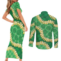Green Palaka Hawaii Mele Kalikimaka Couples Matching Short Sleeve Bodycon Dress and Long Sleeve Button Shirt Ohia Lehua Monstera Puakenikeni Lei - Polynesian Pride