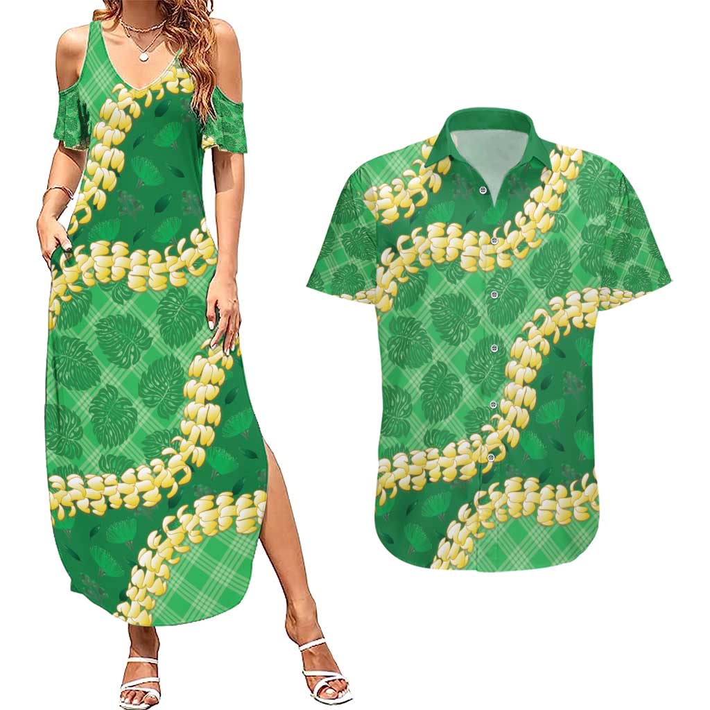 Green Palaka Hawaii Mele Kalikimaka Couples Matching Summer Maxi Dress and Hawaiian Shirt Ohia Lehua Monstera Puakenikeni Lei - Polynesian Pride
