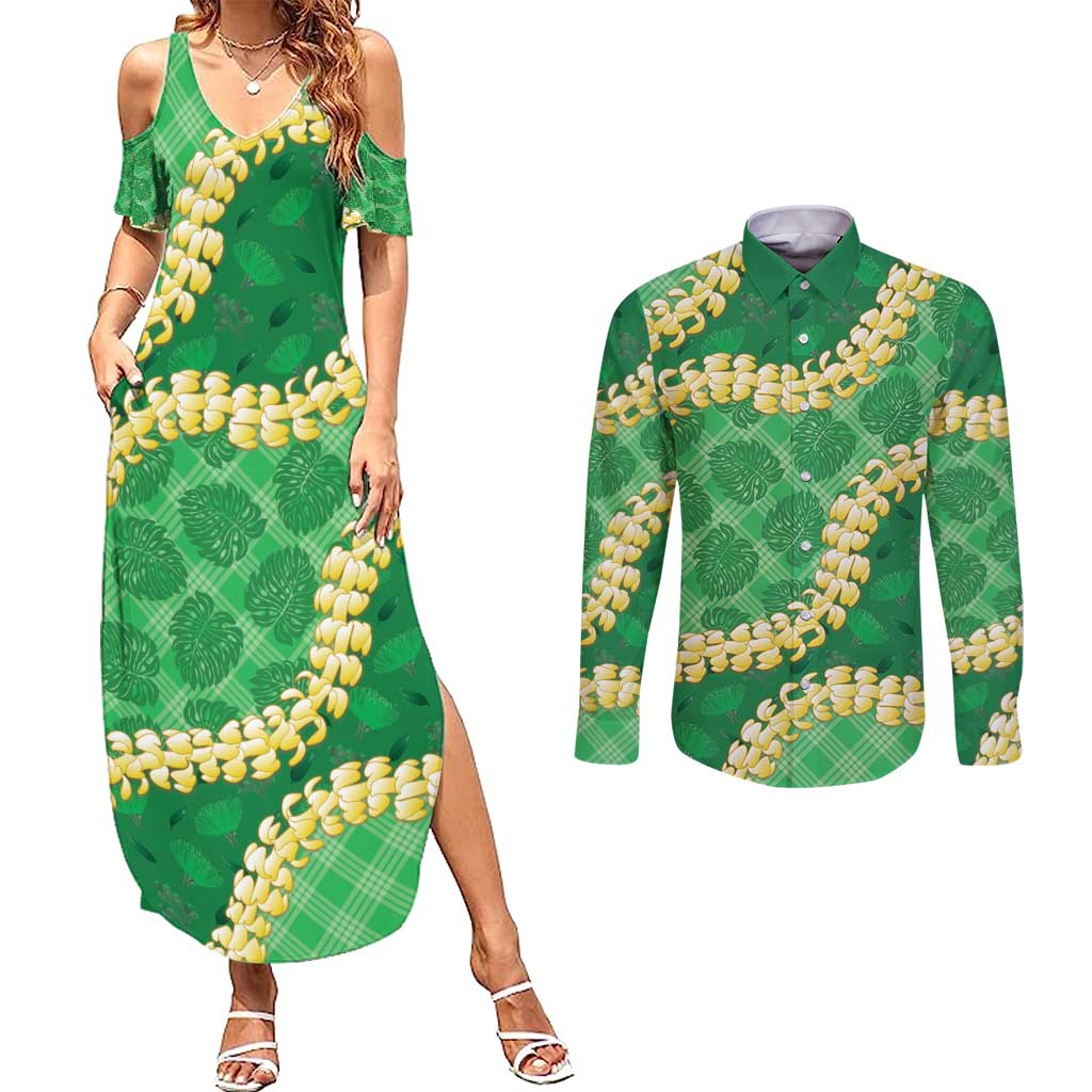 Green Palaka Hawaii Mele Kalikimaka Couples Matching Summer Maxi Dress and Long Sleeve Button Shirt Ohia Lehua Monstera Puakenikeni Lei - Polynesian Pride