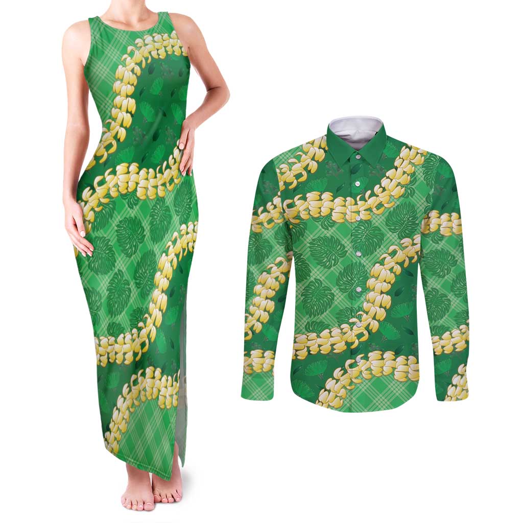 Green Palaka Hawaii Mele Kalikimaka Couples Matching Tank Maxi Dress and Long Sleeve Button Shirt Ohia Lehua Monstera Puakenikeni Lei - Polynesian Pride