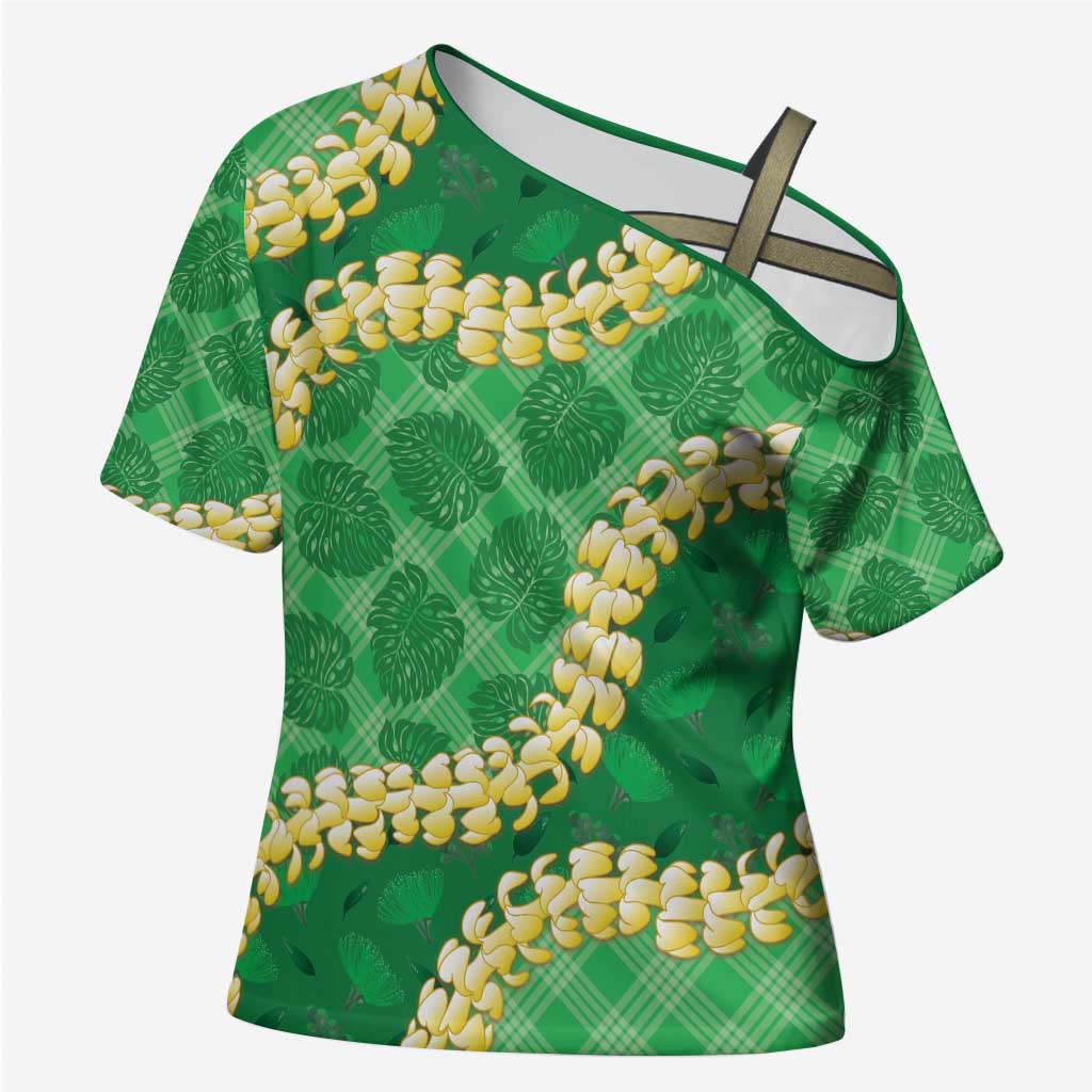 Green Palaka Hawaii Mele Kalikimaka Cross Shoulder Shirt Ohia Lehua Monstera Puakenikeni Lei - Polynesian Pride