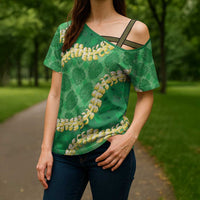 Green Palaka Hawaii Mele Kalikimaka Cross Shoulder Shirt Ohia Lehua Monstera Puakenikeni Lei - Polynesian Pride