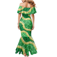 Green Palaka Hawaii Mele Kalikimaka Family Matching Mermaid Dress and Hawaiian Shirt Ohia Lehua Monstera Puakenikeni Lei - Polynesian Pride