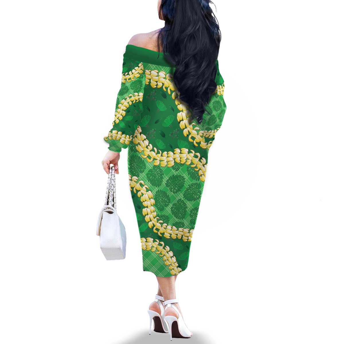 Green Palaka Hawaii Mele Kalikimaka Family Matching Off The Shoulder Long Sleeve Dress and Hawaiian Shirt Ohia Lehua Monstera Puakenikeni Lei - Polynesian Pride