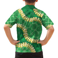 Green Palaka Hawaii Mele Kalikimaka Family Matching Off Shoulder Maxi Dress and Hawaiian Shirt Ohia Lehua Monstera Puakenikeni Lei - Polynesian Pride