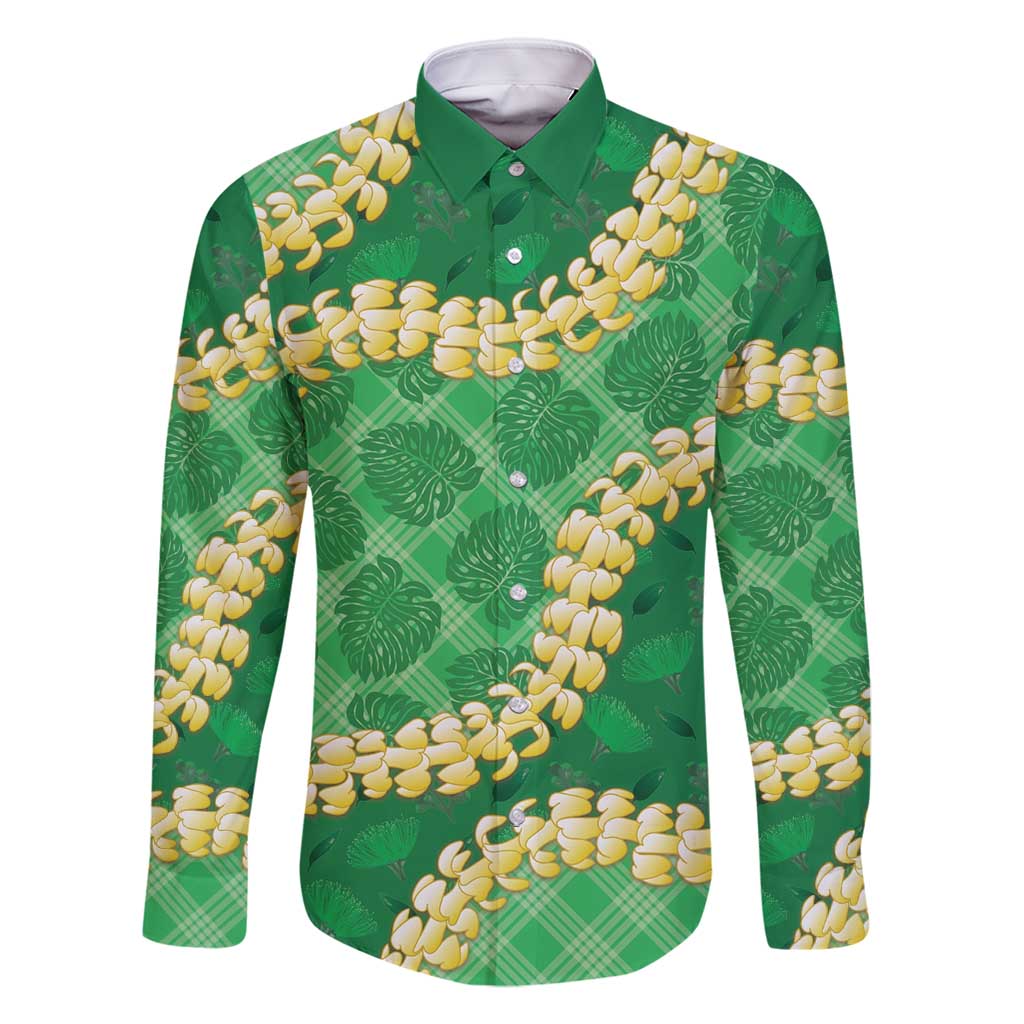 Green Palaka Hawaii Mele Kalikimaka Family Matching Off Shoulder Short Dress and Hawaiian Shirt Ohia Lehua Monstera Puakenikeni Lei - Polynesian Pride