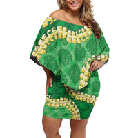 Green Palaka Hawaii Mele Kalikimaka Family Matching Off Shoulder Short Dress and Hawaiian Shirt Ohia Lehua Monstera Puakenikeni Lei - Polynesian Pride
