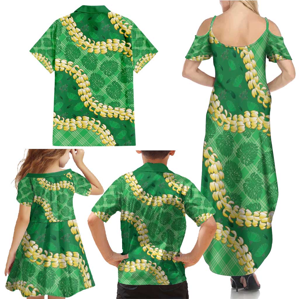 Green Palaka Hawaii Mele Kalikimaka Family Matching Summer Maxi Dress and Hawaiian Shirt Ohia Lehua Monstera Puakenikeni Lei - Polynesian Pride
