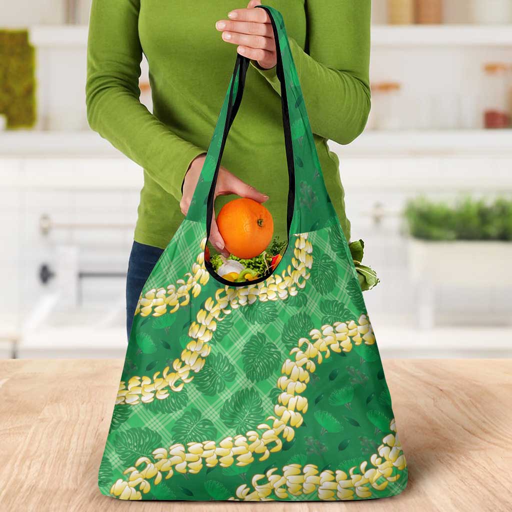 Green Palaka Hawaii Mele Kalikimaka Grocery Bag Ohia Lehua Monstera Puakenikeni Lei - Polynesian Pride