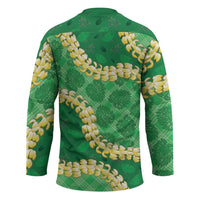 Green Palaka Hawaii Mele Kalikimaka Hockey Jersey Ohia Lehua Monstera Puakenikeni Lei - Polynesian Pride