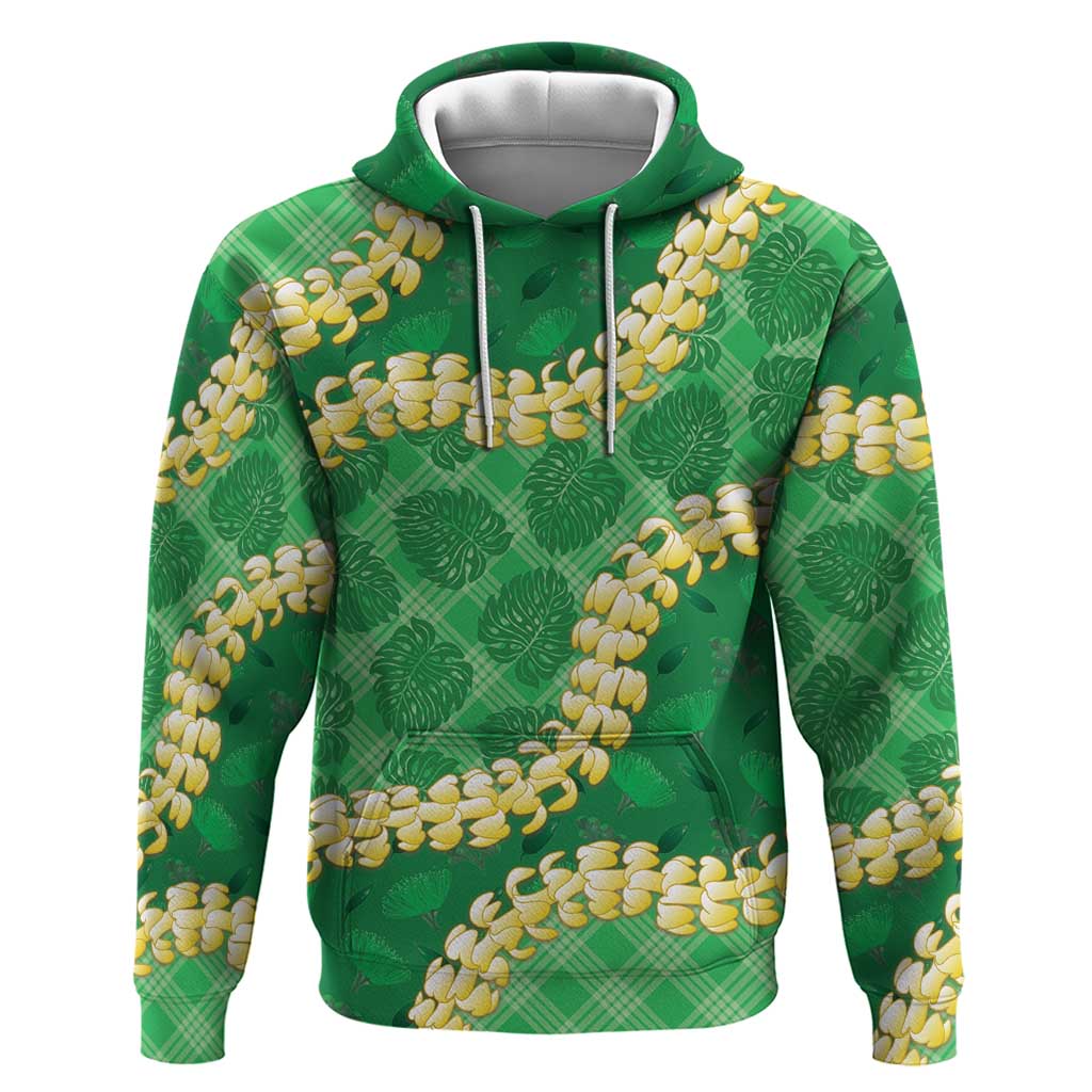 Green Palaka Hawaii Mele Kalikimaka Hoodie Ohia Lehua Monstera Puakenikeni Lei - Polynesian Pride