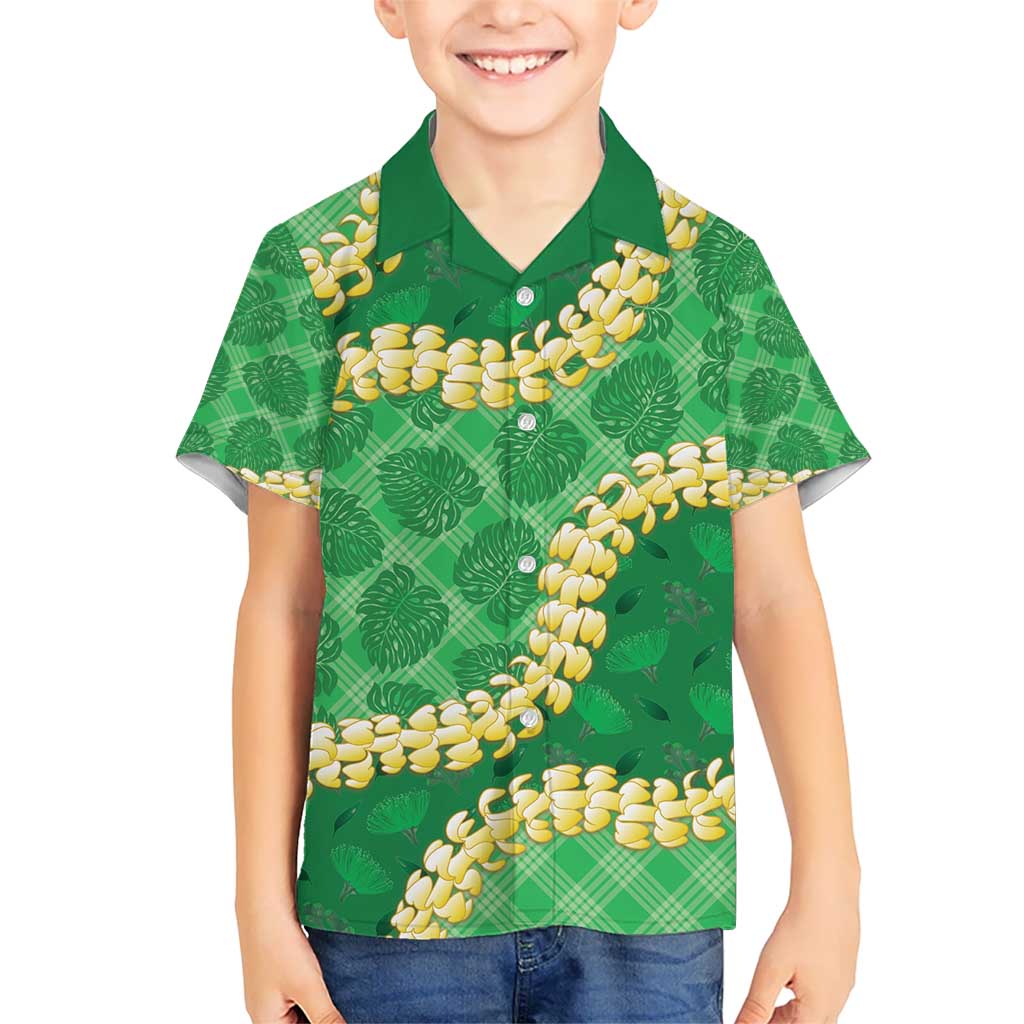 Green Palaka Hawaii Mele Kalikimaka Kid Hawaiian Shirt Ohia Lehua Monstera Puakenikeni Lei - Polynesian Pride